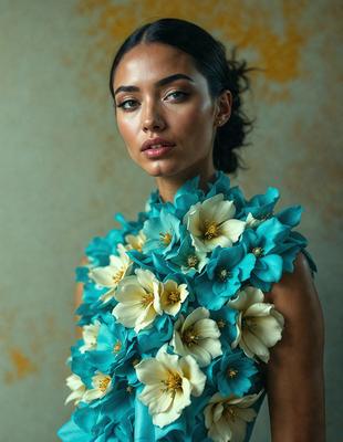 The primary subject of the image is a woman wearing a blue dress with a yellow flower pattern. She is standing in front of a wall, which serves as the setting for the scene. The visual style of the image is a close-up of the woman, showcasing her outfit and the intricate details of the flower pattern. The colors in the image are predominantly blue and yellow, creating a vibrant and lively atmosphere.